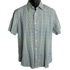 Perry Ellis Button Up Short Sleeve Shirt L White Green Circles Collar Cotton